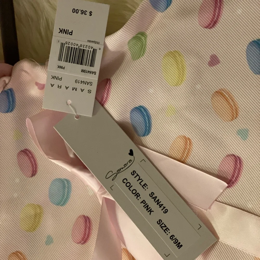 Samara Macaron Print Dress w/ Satin Ribbon, 6-9 Months